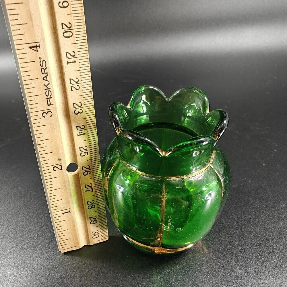 Antique EAPG Riverside Glass Vase Vessel Hand Painted Gold Lines‎ Green Vase VTG
